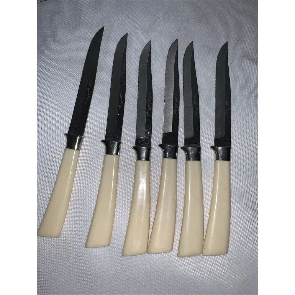 Vintage WASHINGTON FORGE 6 Steak Knife Set Stainless Butterscotch